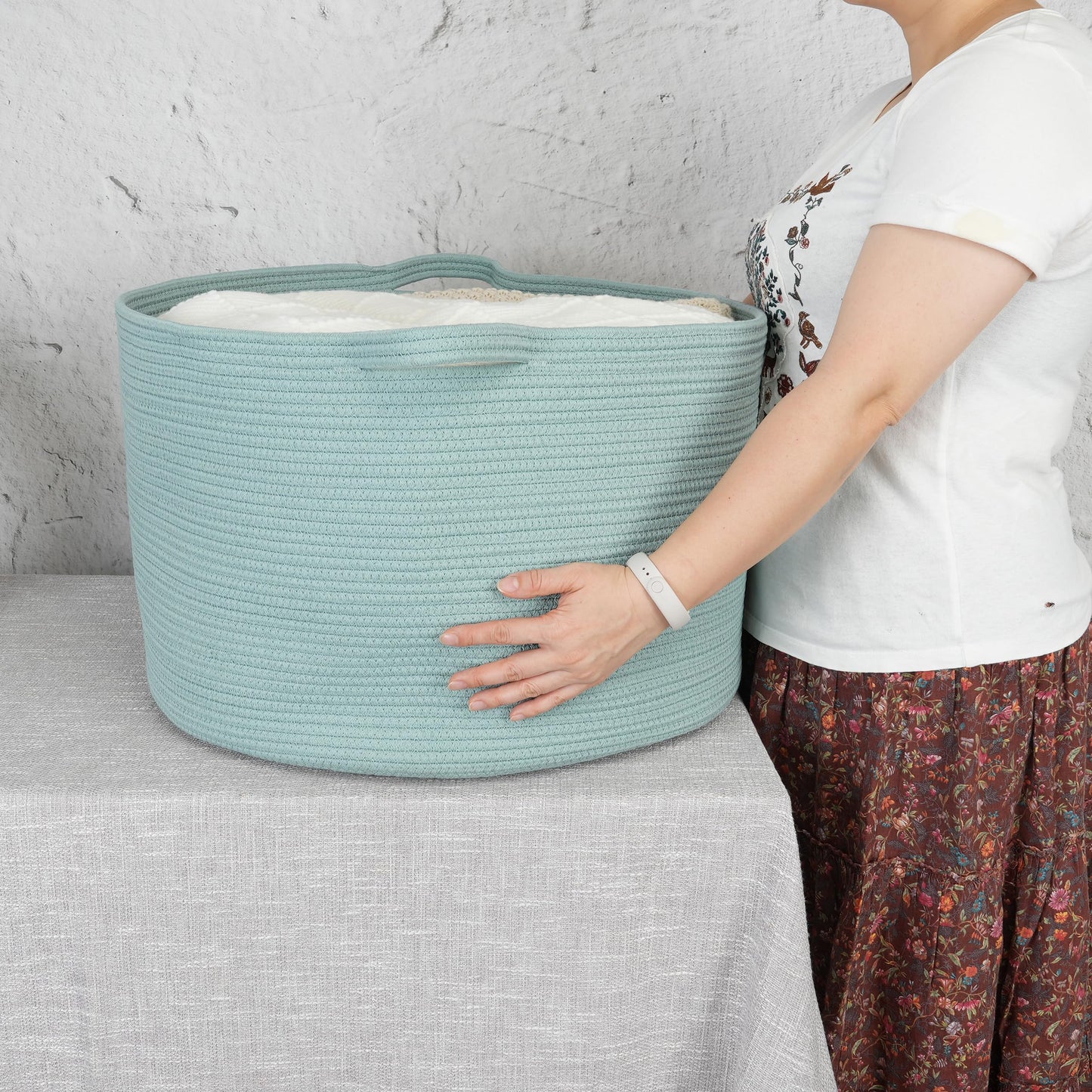 XUANGUO Large Cotton Rope Basket – 22"x14" Woven Storage Basket for Blankets, Toys, Laundry, and Nursery – Round Baskets for Living Room, Kids, and Pets Light Green