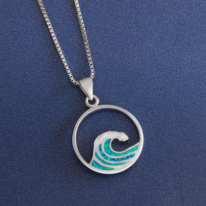 Aloha Jewelry Company Sterling Silver Created Blue Opal Wave Neckalce Pendant with 18" Box Chain