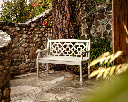 Martha Stewart by POLYWOOD Chinoiserie 48" Outdoor Bench for Patio, Porch & Backyard, Sand - Durable All-Weather HDPE Garden Seat with Back Support - Classic 2 Person Seating, Made in The USA