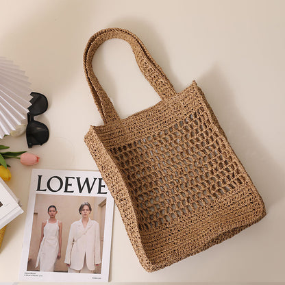 Solid Color Hollow Out Cutout Shoulder Straw Bag Korean Woven Tote Fishing Net Bag Seaside Vacation Beach Bag
