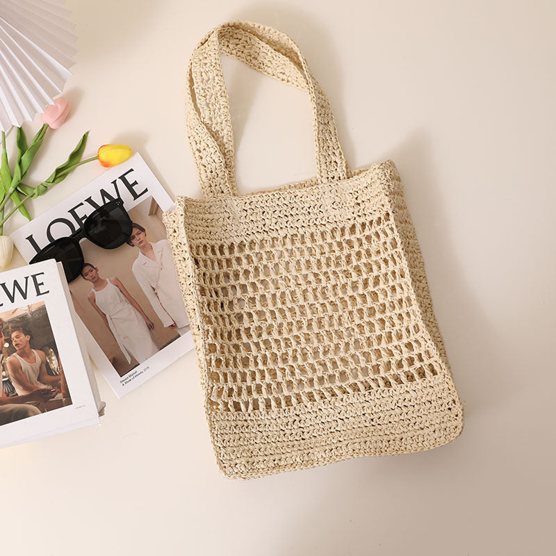Solid Color Hollow Out Cutout Shoulder Straw Bag Korean Woven Tote Fishing Net Bag Seaside Vacation Beach Bag