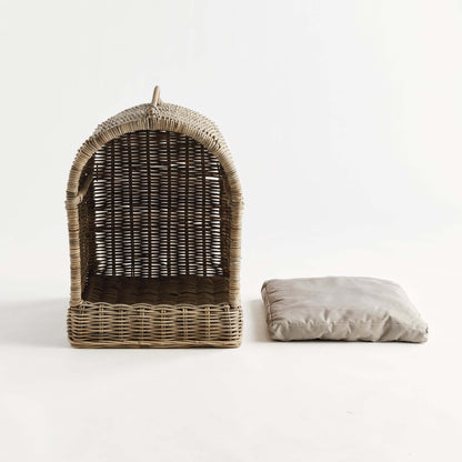 Handwoven Rattan Canopy Dog Bed with Cushion